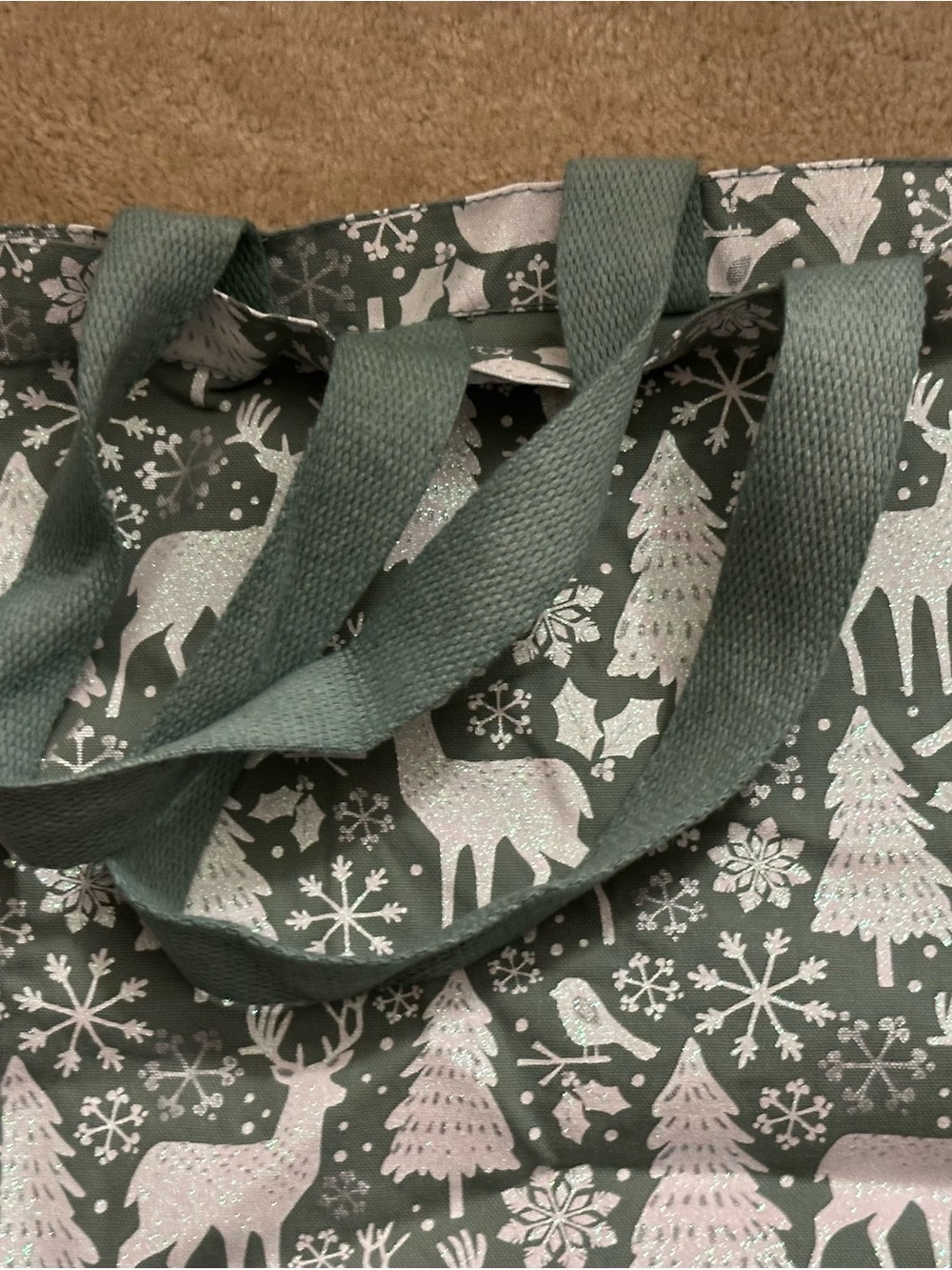 Winter Holiday Canvas Sparkle Tote Shopping Gift Bag, Sage/teal green and white - Picture 3 of 4